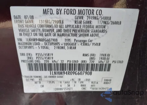 2009 Lincoln Mks z USA, uszkodzony, nr VIN 1LNHM94R09G607908